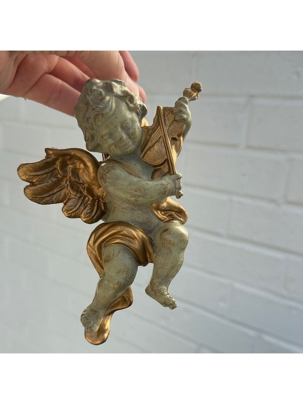 Green Cherub Angel Christmas Ornament with Gold Wings, Sash Playing Gold Violin